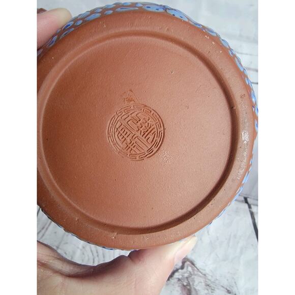 VTG Terra Cotta Clay Handmade Chinese Enamel Blue Butterflies Yixing Teapot 5 In - Picture 8 of 11